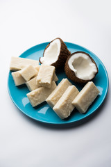 Coconut Burfi / Kopra  Pak/ Fresh Nariyal Fudge, selective focus