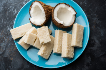 Coconut Burfi / Kopra  Pak/ Fresh Nariyal Fudge, selective focus