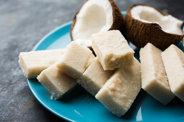 Coconut Burfi / Kopra  Pak/ Fresh Nariyal Fudge, selective focus