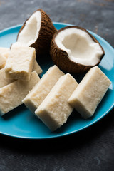 Coconut Burfi / Kopra  Pak/ Fresh Nariyal Fudge, selective focus