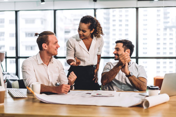 Successful group of casual business discussing and working with laptop computer.creative business people planning and brainstorm in modern office.Teamwork concept