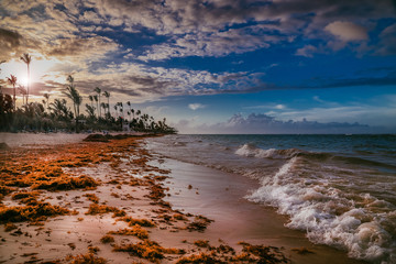 Incredible sunset on a tropical island in the ocean.