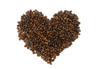 Coffee beans in heart shape isolated on white background.