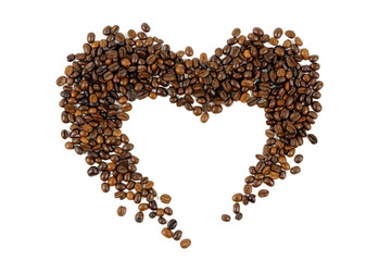 Coffee beans in heart shape isolated on white background.