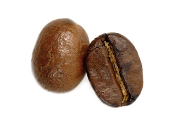 Close up of a coffee bean, Roasted coffee beans white background