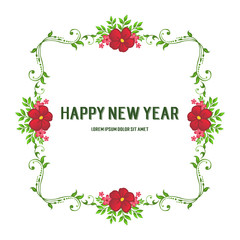 Various bright green leaves and artwork red flower frame, ornate template for card happy new year. Vector