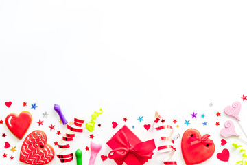 party time frame with decorations on white background top view mock up