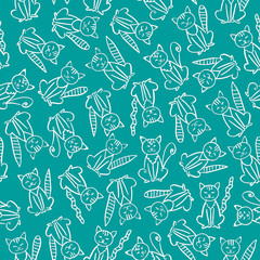 Seamless pattern with cats. Wite cat pattern on blue background. Hand-drawn. Wallpaper and fabric design and decor. Seamless print illustration for kids, babies