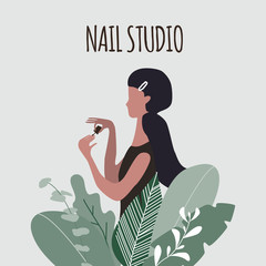 A young pretty woman or girl with hairpin painting nails in big plants. Design concept for cosmetics, beauty salon and spa. Manicure or nail studio poster. Vector illustration.