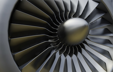 Aircraft air intake and fan blades close up. 3d rendering.
