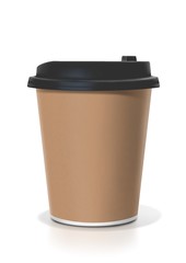 The Digital Painting of Coffee paper cup (Brown paper) with black cup cap isolated on white background in Semi-Realism 3D illustration style.
