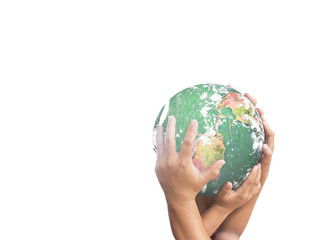 World environment day concept: Earth globe in family hands Isolated on white background. Elements of this image furnished by NASA