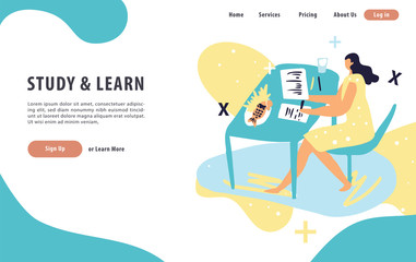 study and learn concept with female in learning desk doing homework. Landing modern page template vector illustration - Vector