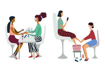 Women or girls performing manicure and pedicure,  They surrounded by tools and cosmetics for nail care.. Concept for beauty salon. Colorful vector illustration in flat cartoon style.