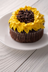 Beautiful sunflower decorated chocolate cupcake on white wood background