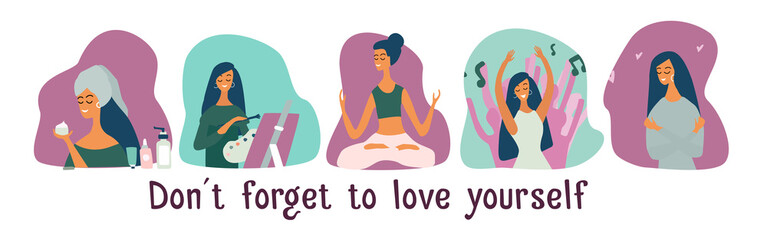 Love yourself set. Vector lifestyle concept card with text dont forget to love yourself. Motivation to take time for yourself: go to events, create, do yoga, healthcare, skincare - obrazy, fototapety, plakaty