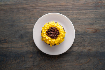 Beautiful sunflower decorated chocolate cupcake on dark wood background
