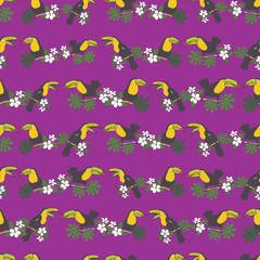 Naklejka na ściany i meble Vector purple tropical birthday party seamless pattern background. With toucan birds. Perfect for fabric, scrapbooking, wallpaper projects.