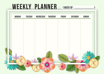 Weekly schedule planner template with flowers frame border on light green background, A4 size