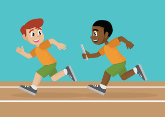 Two Boy athletes are compete a relay race in the racetrack.
