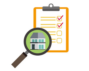 虫眼鏡　家　クリップボード　チェックマーク　バインダー　見積り　査定