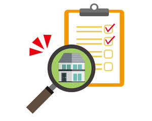 虫眼鏡　家　クリップボード　チェックマーク　バインダー　見積り　査定