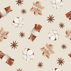 Watercolor Christmas seamless pattern with cookies and cinnamon, cotton and  clove. Holiday design elements.