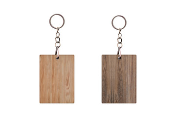 Vintage Keychain with Wooden plank Isolated on a white background. Empty space for your Design