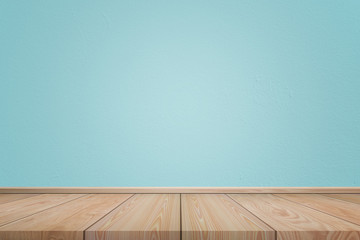 Empty interior room with light blue cement wall texture and brown wooden floor pattern. Concept interior vintage style