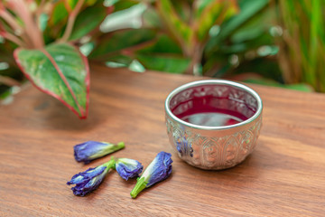 Blue pea drink or Butterfly pea flower for healthy drinking on wooden background. Health drink concept. Selective focus.