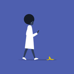 Millennial black female character addicted to a smartphone. Modern lifestyle.  Nomophobia. Banana peel. Flat editable vector illustration, clip art