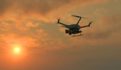 3D illustration of a weaponized UAV drone in flight. Fictitious UAV and weapons, motion blur and depth-of-field for dramatic effect.