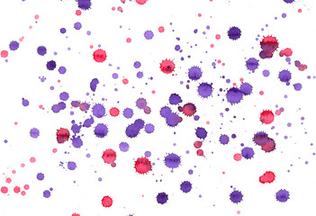 Colorful abstract watercolor texture with splashes and spatters. Red and purple paint drop stain isolated on white background. Grunge design element for poster, flyer, name card. Clipping path.