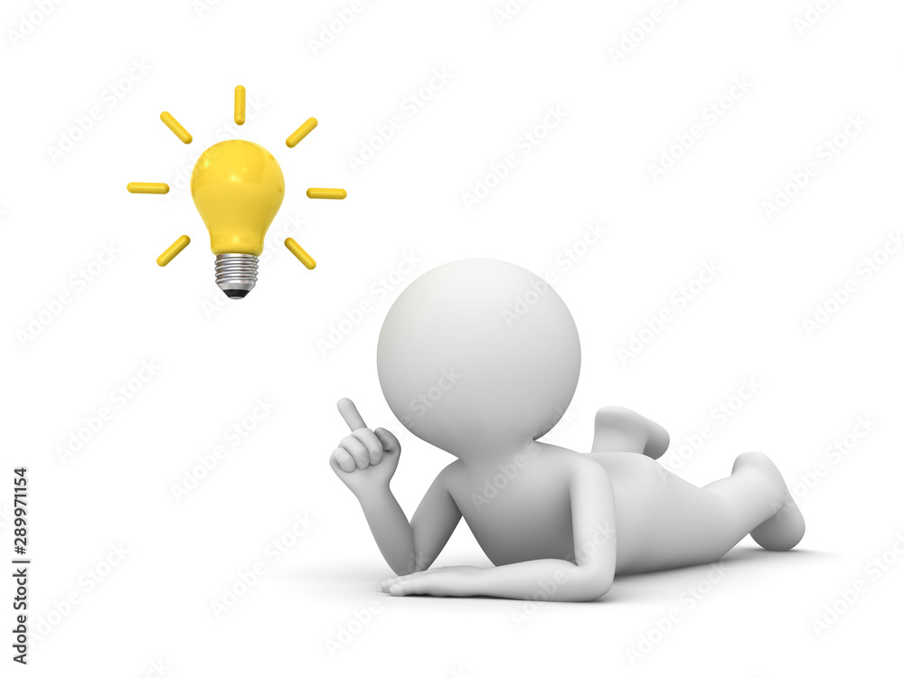 Fototapete 3d man lying on his stomach and pointing finger to the bright idea bulb isolated over white backgrou