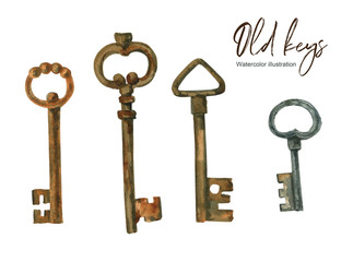 Old keys. Watercolor illustration, set of elements.