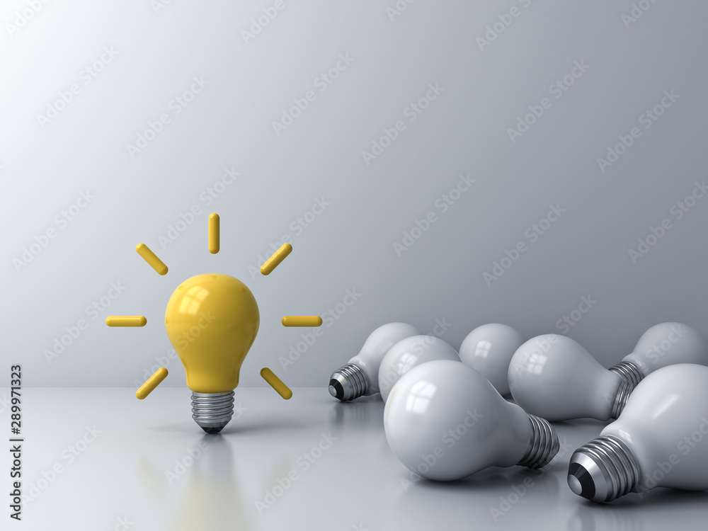 Fototapete Bright idea bulb standing out from the crowd of dim unlit lying white bulbs creative idea concepts 3D rendering