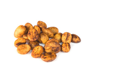 Closeup Shot of Honey Process Coffee Beans Isolated / Die Cut on White Background with Copy Space for Text.