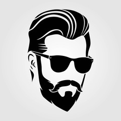 Bearded men, hipster face. Fashion silhouette, emblem, icon, label. Vector illustration.