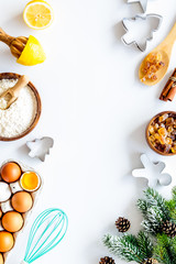Kitchen frame. Dough ingredients and crockery on white background top view copy space