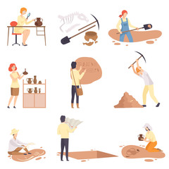 Archaeologists Excavating and Researching Historical Artifacts Set, Paleontology Scientists Characters Flat Vector Illustration