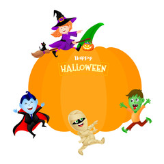 Halloween cartoon set with pumpkin. Cute kids in holiday costumes: witch, count dracula, zombie and mummy. Illustration isolated on white background.