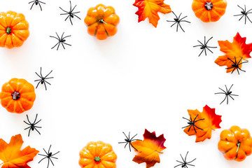 Nice halloween frame. Small spiders among leaves and pumpkins on white top view copy space