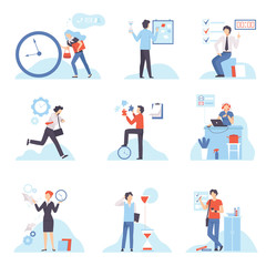 Obraz na płótnie Canvas Businesspeople Planning Their Working Time Set, Organization and Control of Working Time, Efficient Time Management Business Concept Flat Vector Illustration