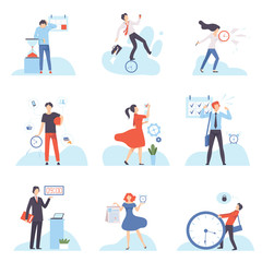 Businesspeople Planning, Controlling and Managing Their Working Time Set, Organization and Control of Working Time, Efficient Time Management Business Concept Flat Vector Illustration