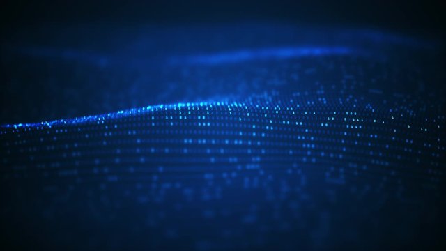 Technology binary data wave background concept.Beautiful motion waving dots texture with glowing defocused particles.Digital binary data technology background.