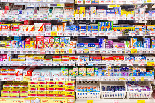 Drugs Medicine And Medical Products For Health In Japan Are Of High Quality And Are A Favorite Of Tourists, Japan Drugstore In Osaka, January 2019.