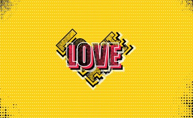 Love, valentines day comic text. Colored pop art. Halftone illustration banner. Vintage comics book poster. Street Art.