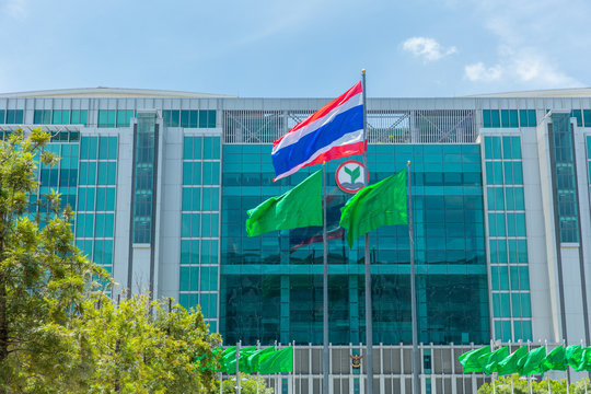 Kasikornbank also known as Kasikorn Bank or KBank Largest banking and financial group in Thailand as Thai Farmers Bank HQ office building in Muangthong Thani. 7 September 2018, Bangkok Thailand.