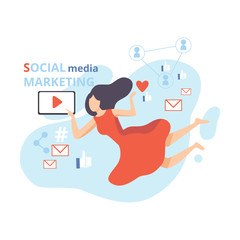 Social Media Marketing, Young Woman Working on Content Engagement, Network Business Strategy, Online Promotion Flat Vector Illustration