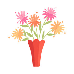 Beautiful Garden Flowers in Red Vase, Bouquet of Blooming Flowers for Interior Decoration Vector Illustration